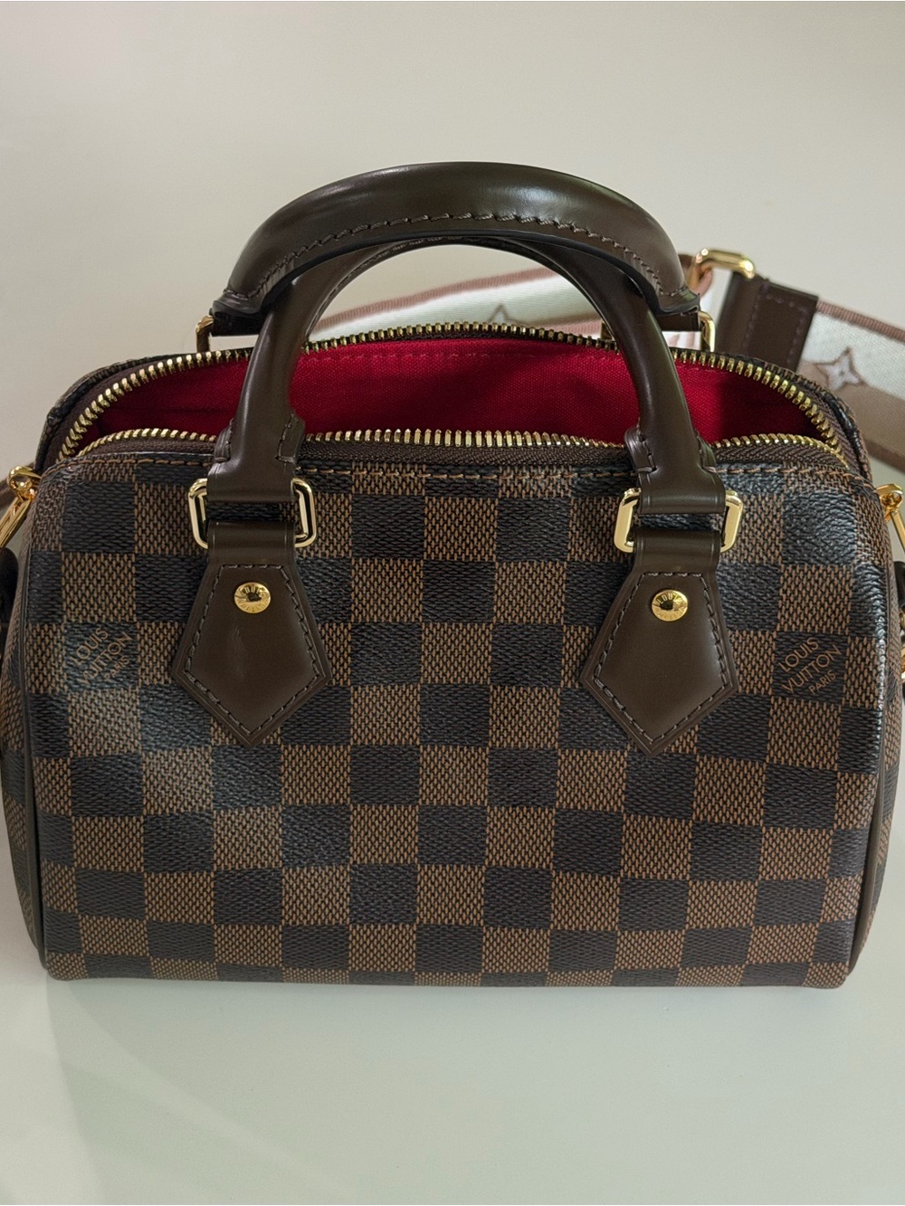 Mini Boston Handbag in Brown Checkered Print - LIKE NEW